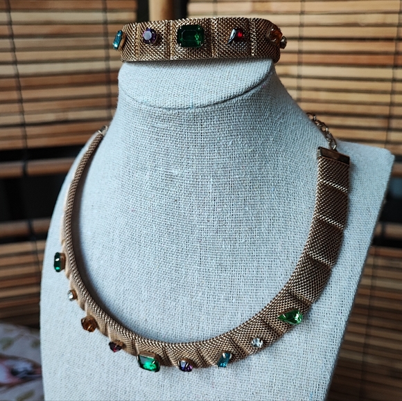 Unsigned Hobe? Mesh Prong Set Gold Tone Mesh Necklace and Bracelet Vintage EUC - Picture 3 of 11